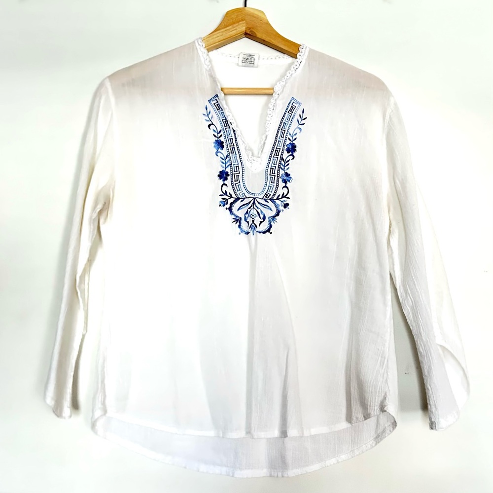 Vintage Greek White and Blue Embroidered cotton boho blouse